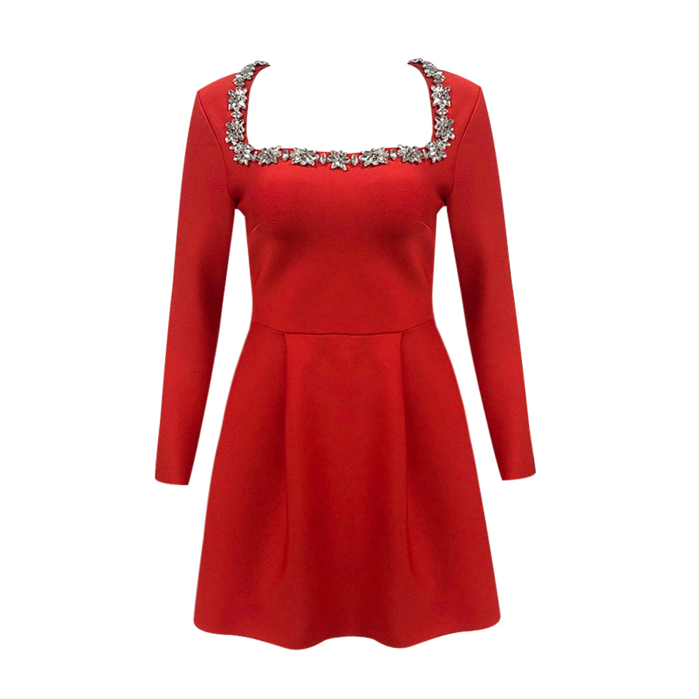 Long Sleeve Crystal A Line Dress White HV1295