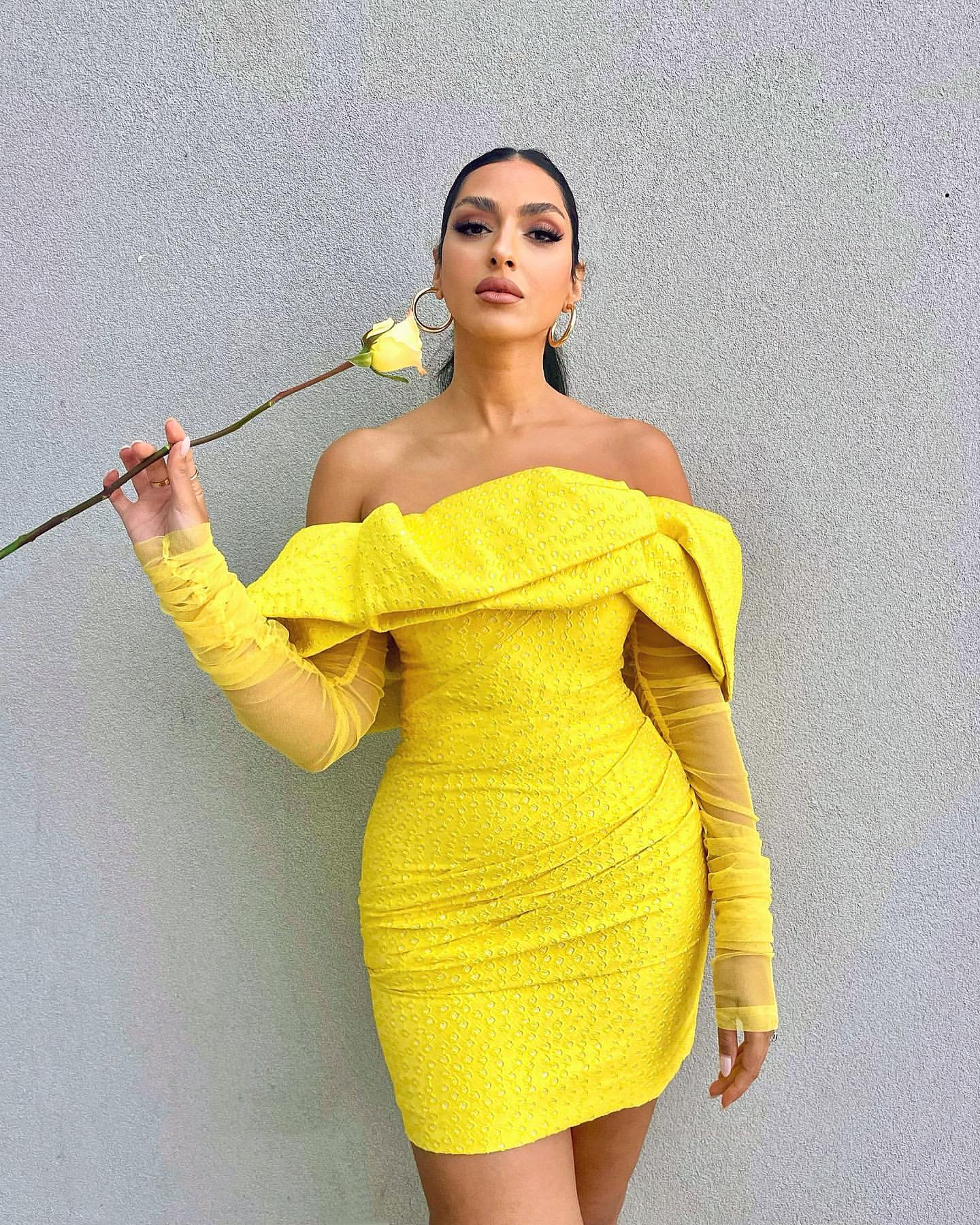 Long Sleeve Draped Off Shoulder Sparkly Dress Yellow HV9878