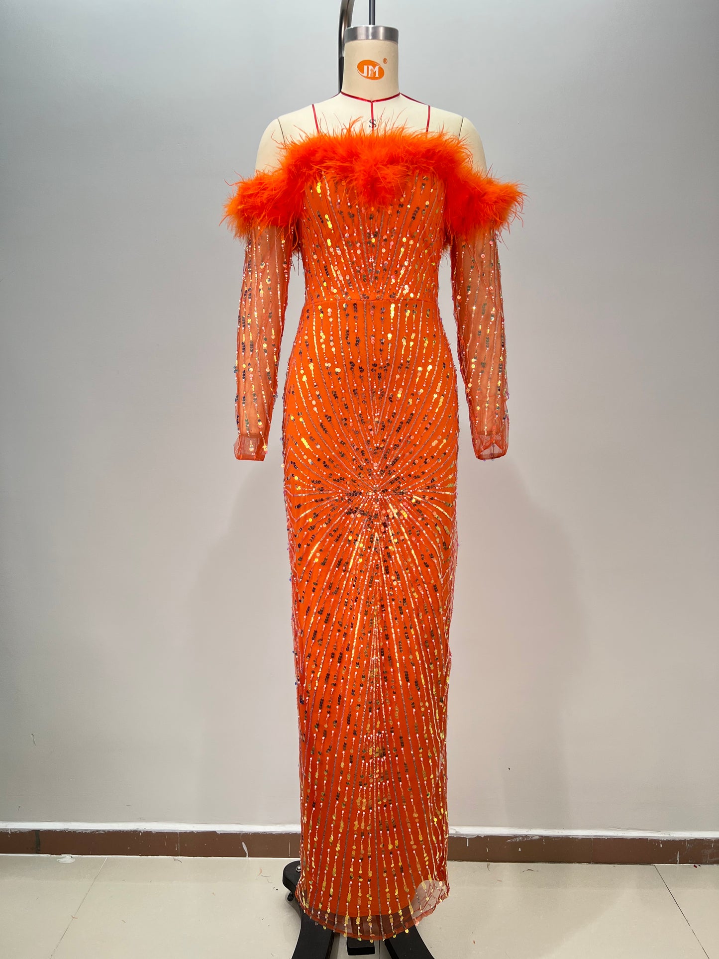 Long Sleeve Feather Bardot Sequin Maxi Dress HV1757