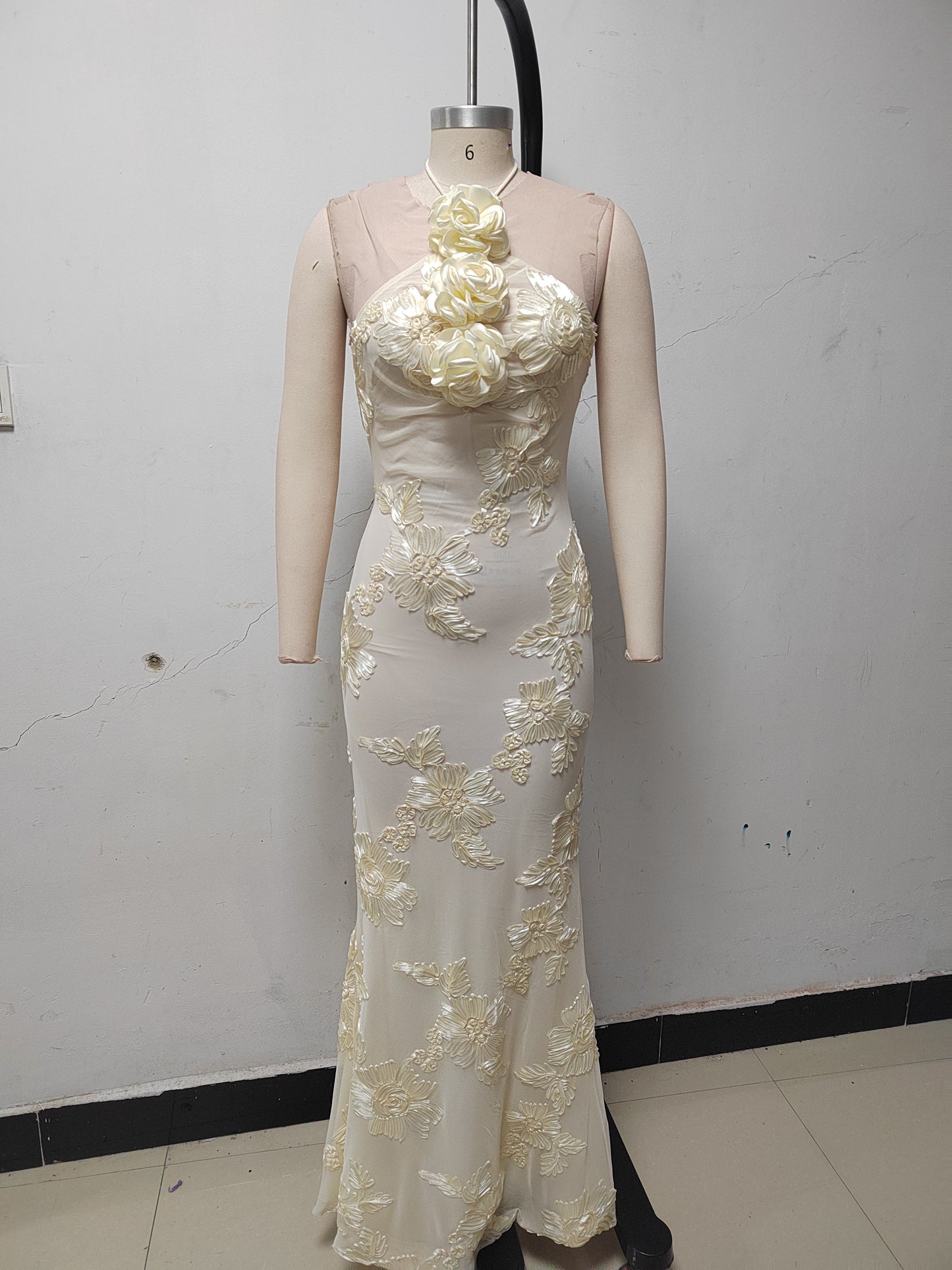 Halter Floral Maxi Dress Ivory HV1527