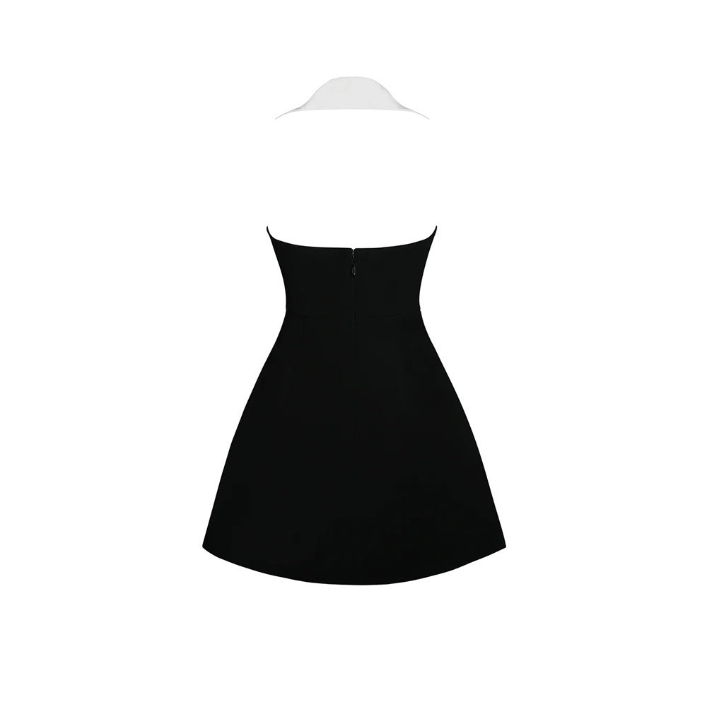 Halter Lapel Collar Dress Black White HV2543