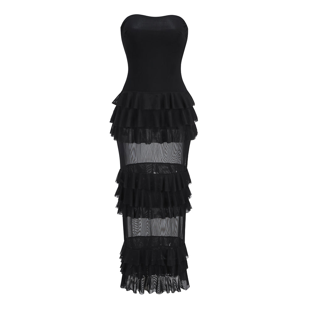 Strapless Ruffle Mesh Maxi Dress Black S025