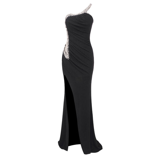 Crystal One Shoulder Mermaid Dress Black HV1165