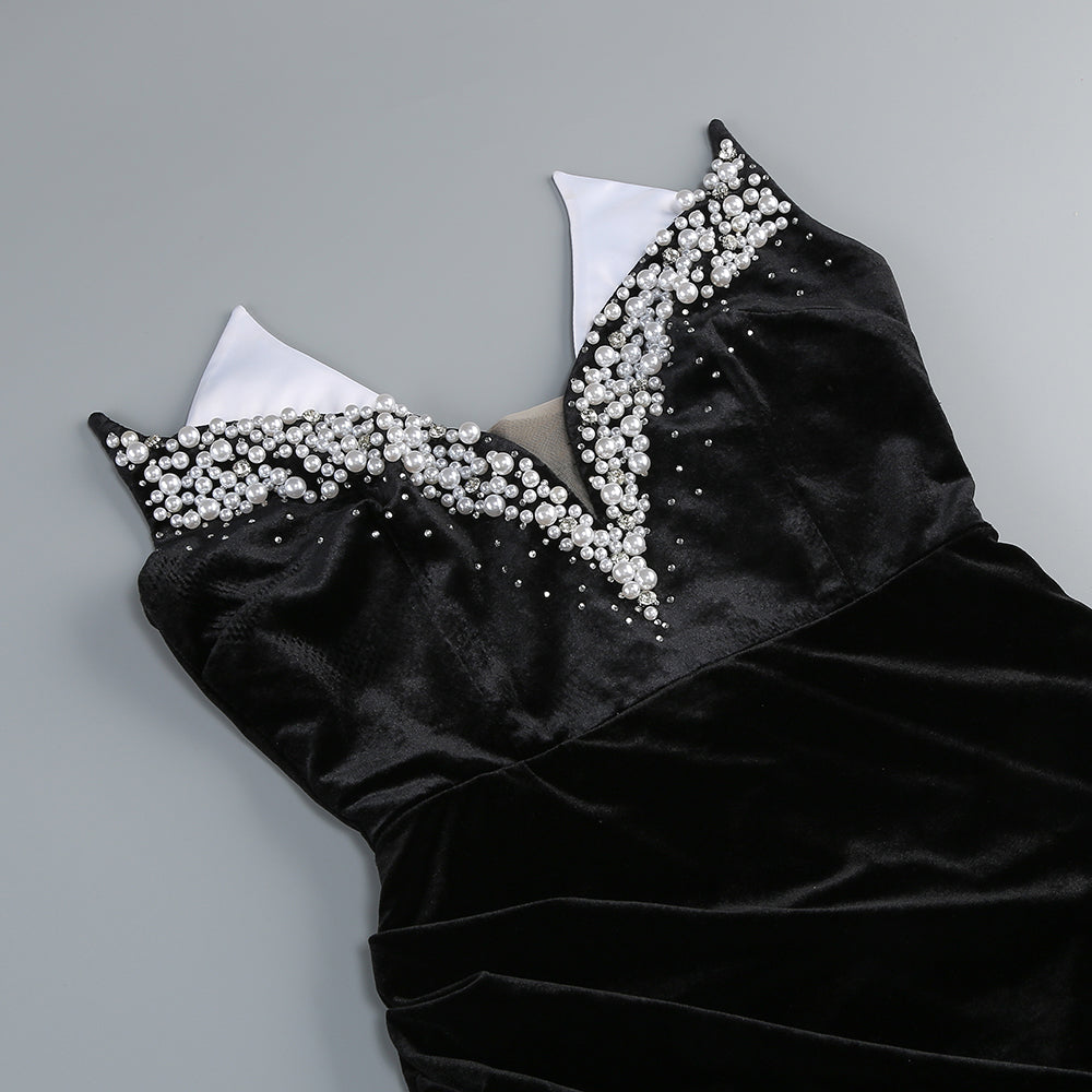 Strapless Pearl Detail Maxi Velvet Dress Black HV1979