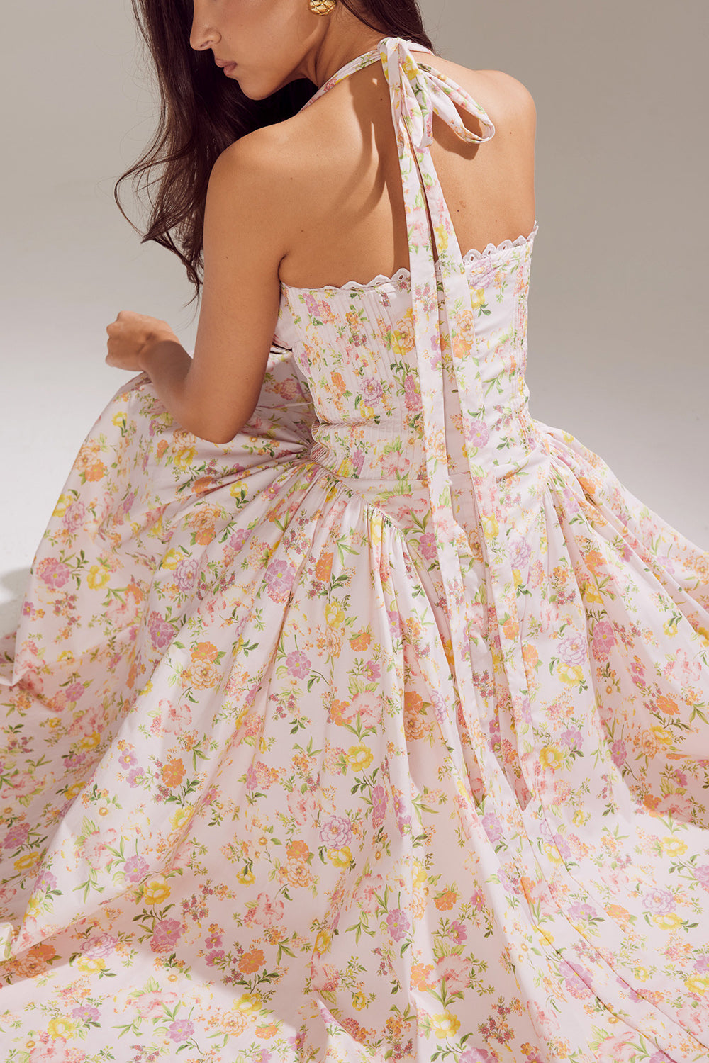 Halter Lace Bustier A Line Midi Dress Floral Pink HV1289