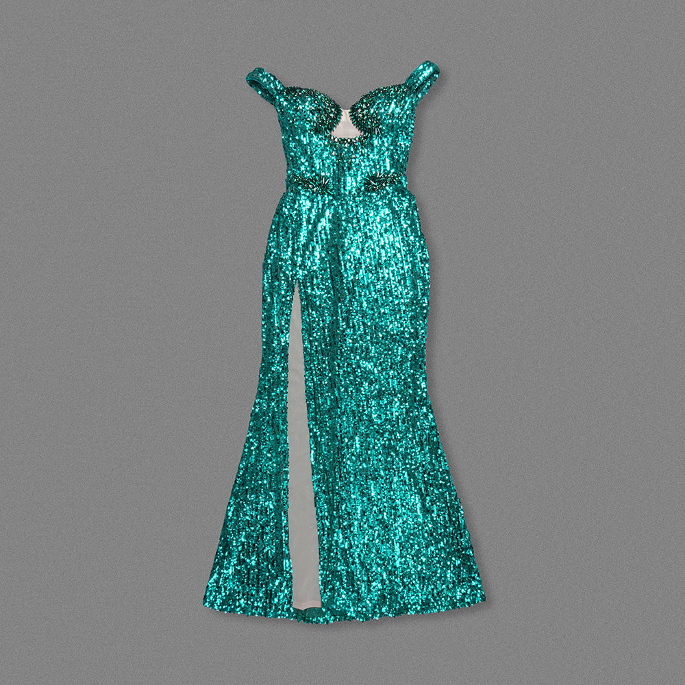 Bardot Bustier Sequin Maxi Dress Green HV2131