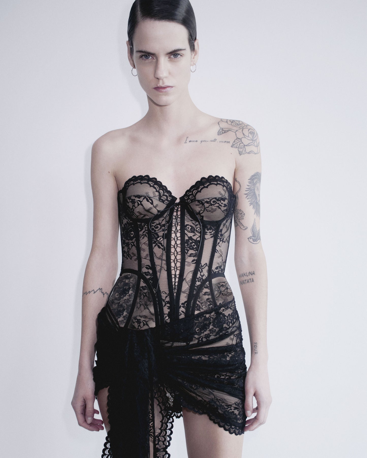 Strapless Draped Lace Corset Dress Black HV2157