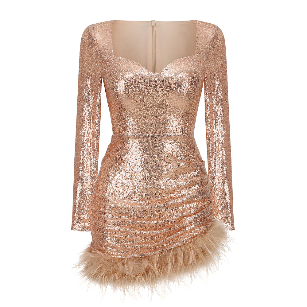 Long Sleeve Bustier Feather Sequin Dress HV8913