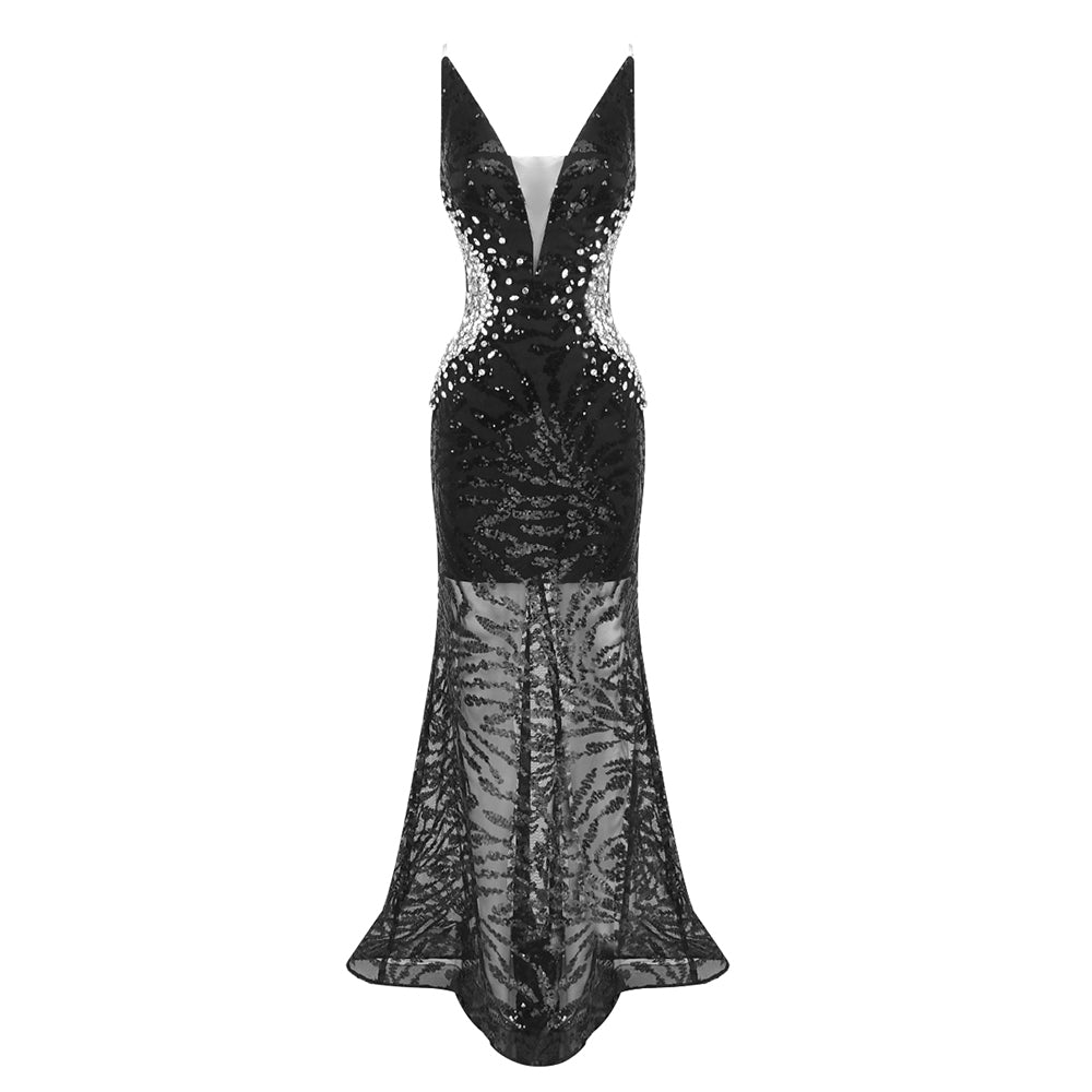 Crystal Sequined Maxi Dress Black HV2081