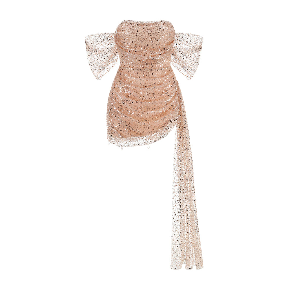 Sequin Draped Bardot Dress Rose Gold HV1789