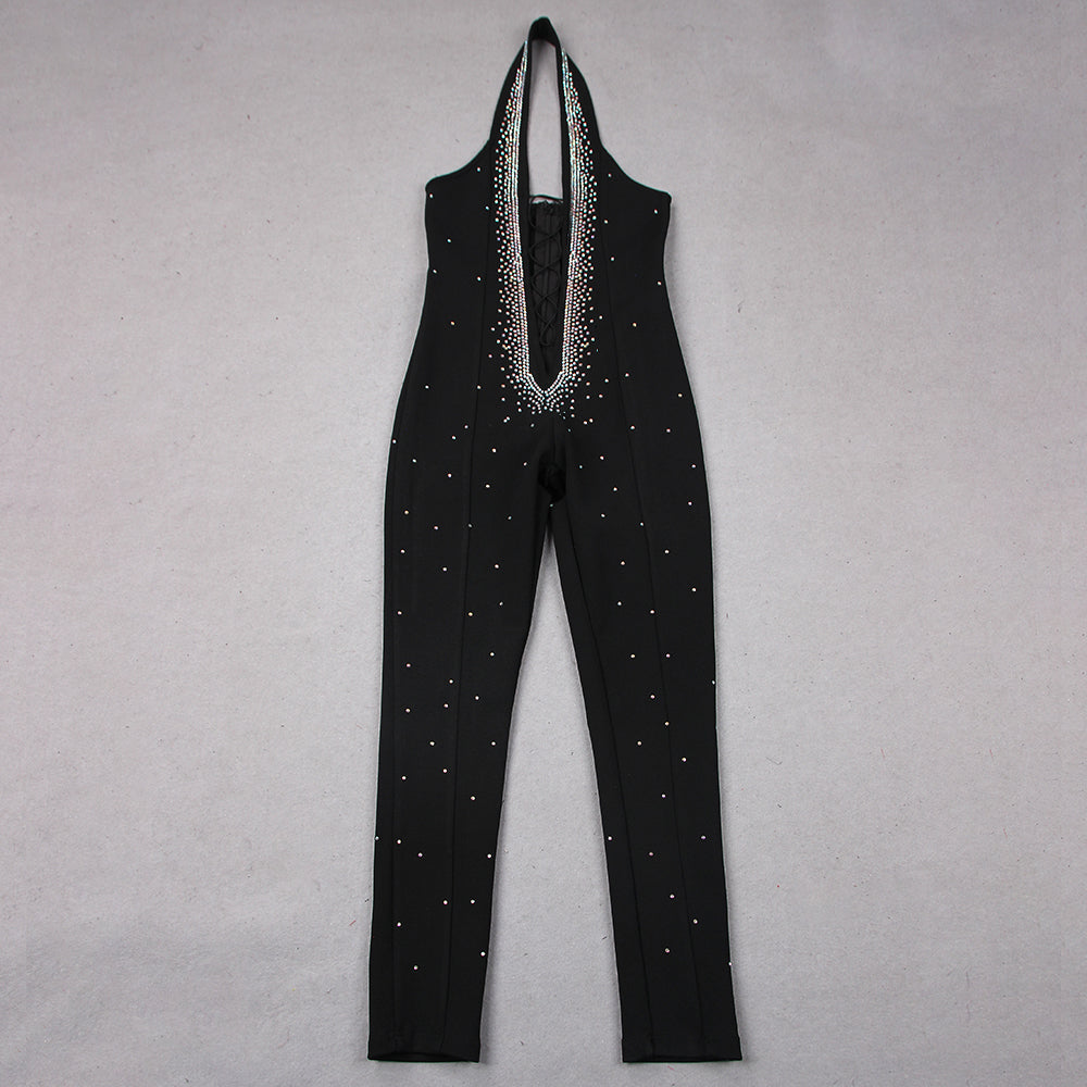 Halter Rhinestone Lace Up Jumpsuit HV9286