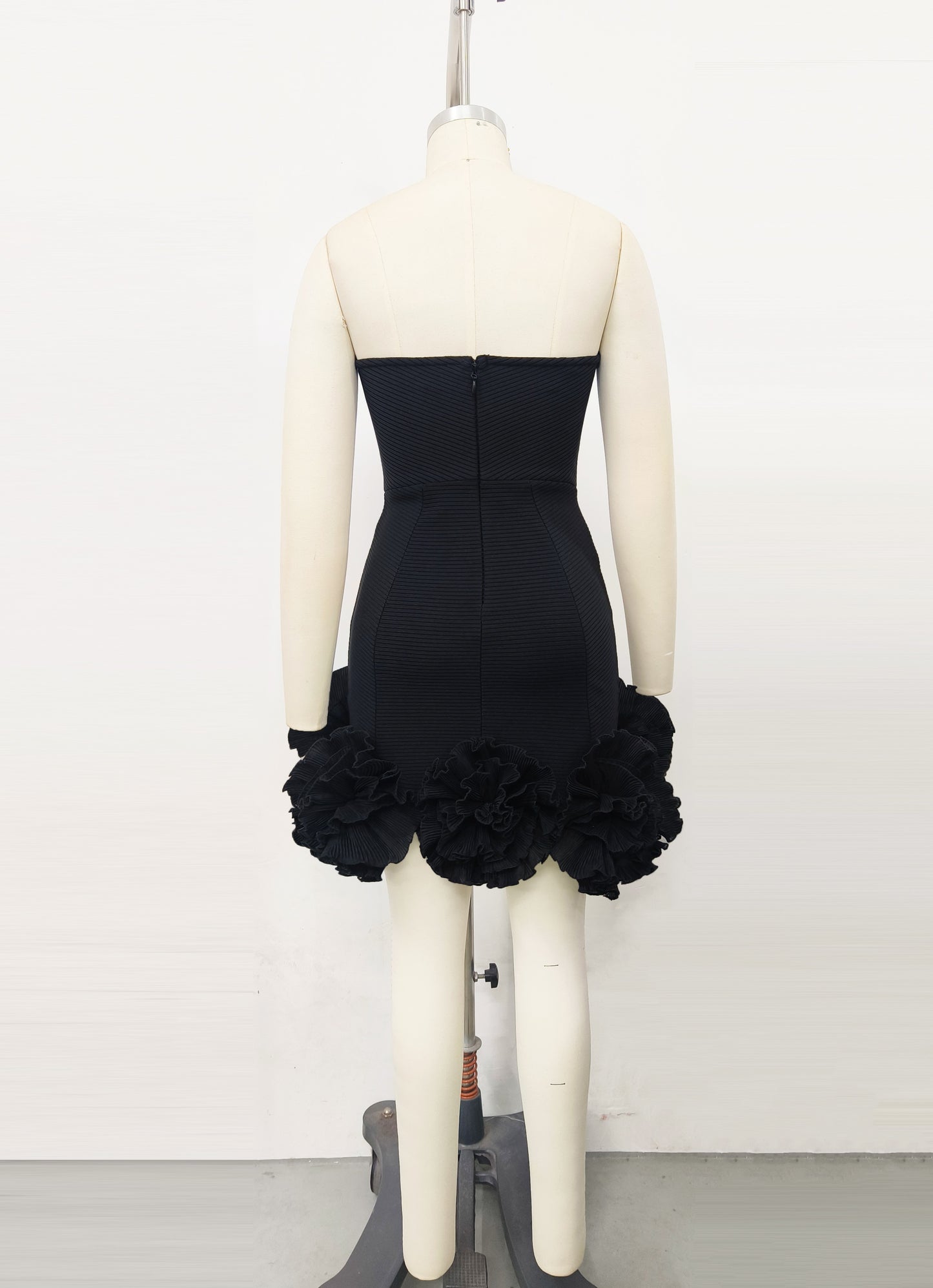 Strapless Floral Ruffle Dress Black