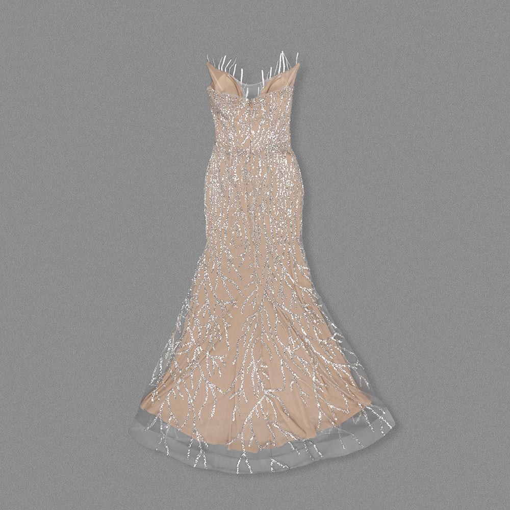 Strapless Crystal Pearl Sequin Maxi Dress Nude HV2146