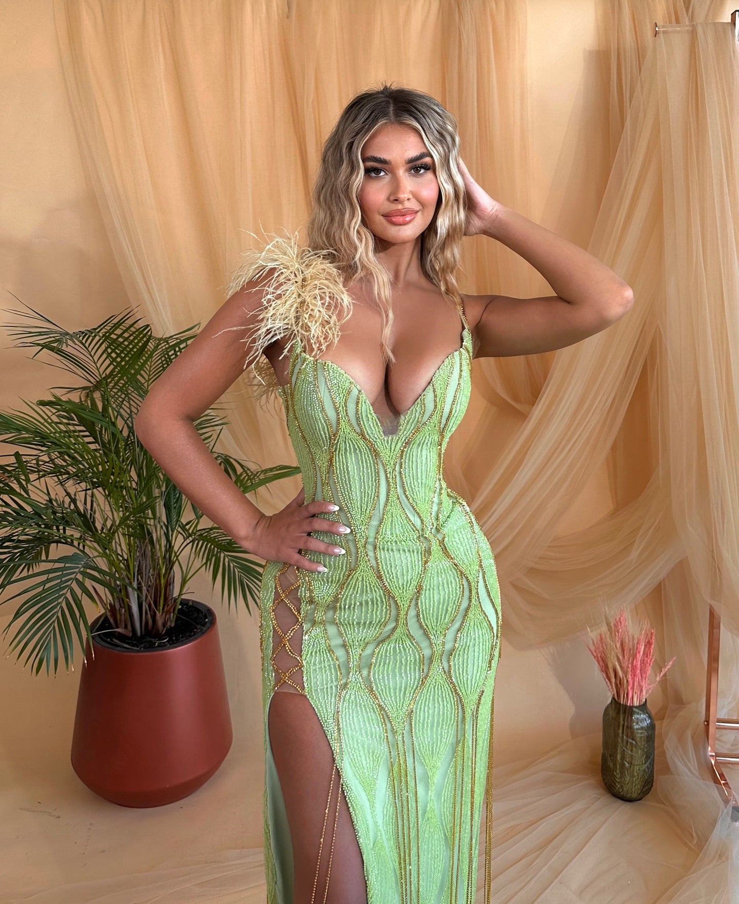 Feather Detail Maxi Dress Green Gold HV2228