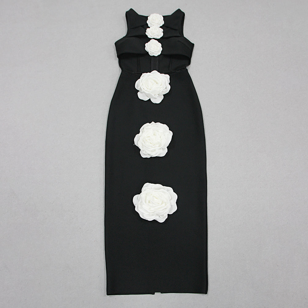 Floral Detail Midi Dress Black White HV1398