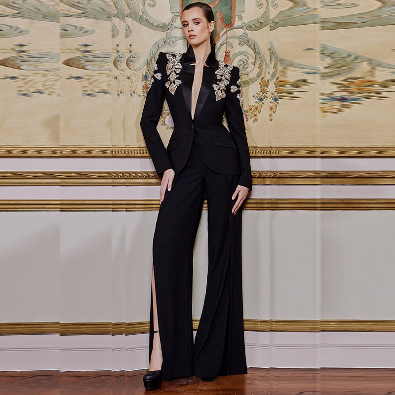 Crystal Floral Long Sleeve Suit Black HV1484
