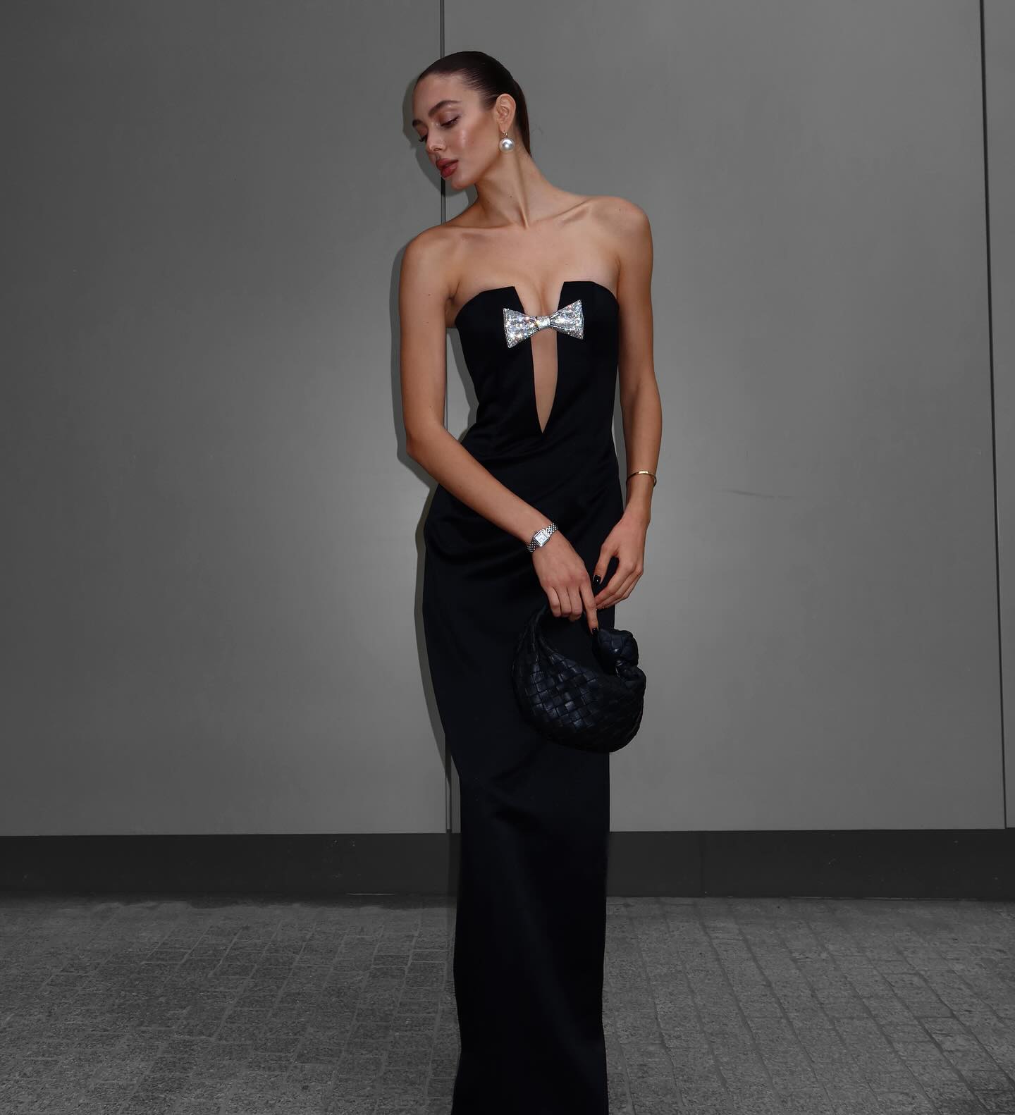 Strapless Crystal Bow Maxi Dress Black HV1775