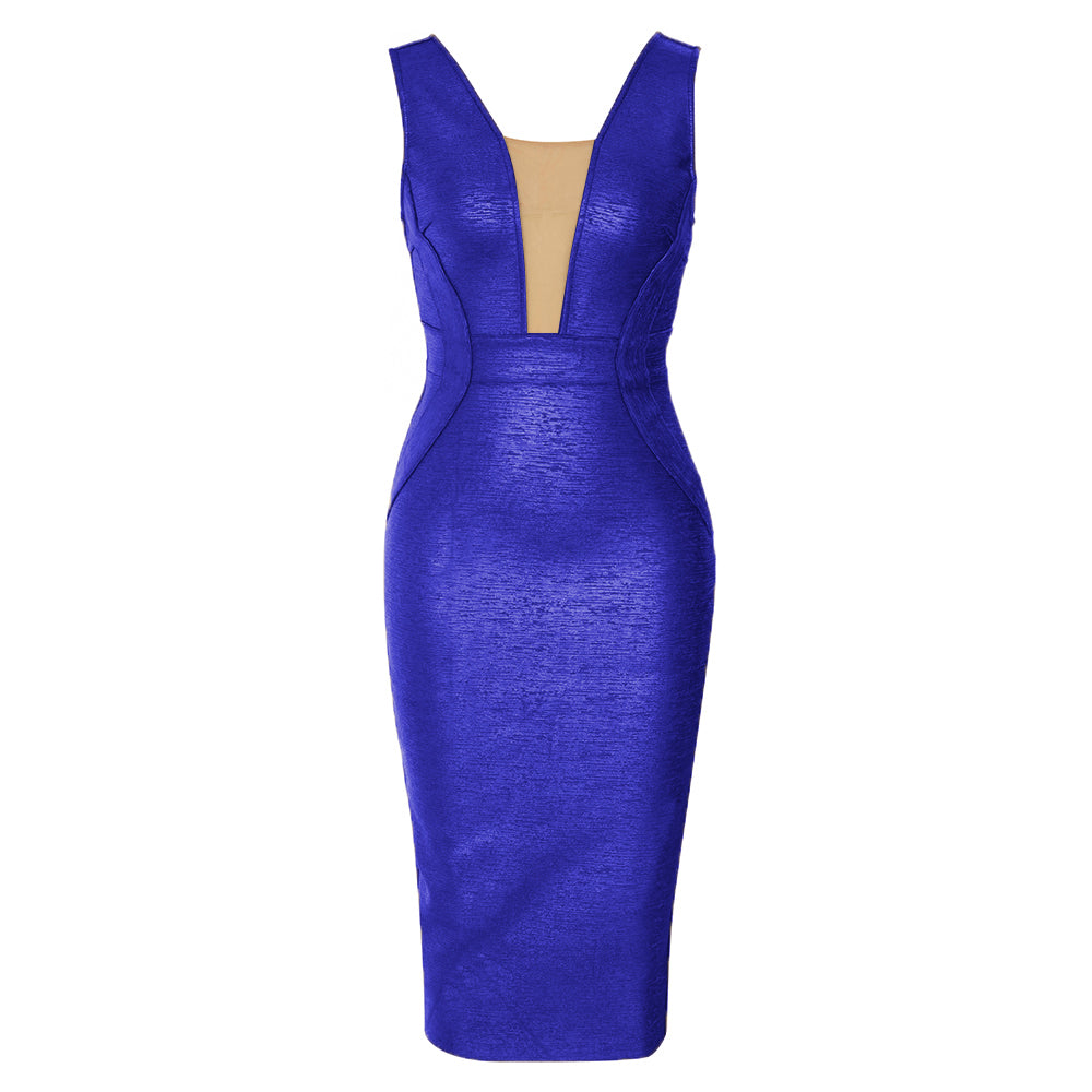 Mesh Insert Woodgrain Foil Print Midi Dress HV9838