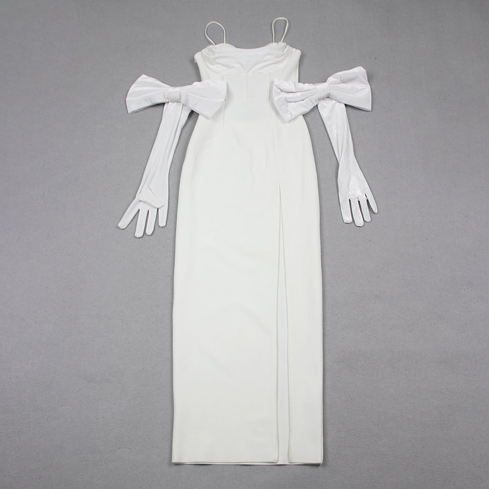 Draped Mesh Bow Maxi Dress White HV1118
