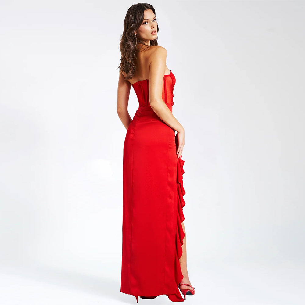 Strapless Lace Corset Ruffle Maxi Dress HV1025