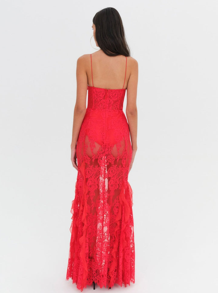 Floral Lace Bustier A Line Maxi Dress Red HV1787