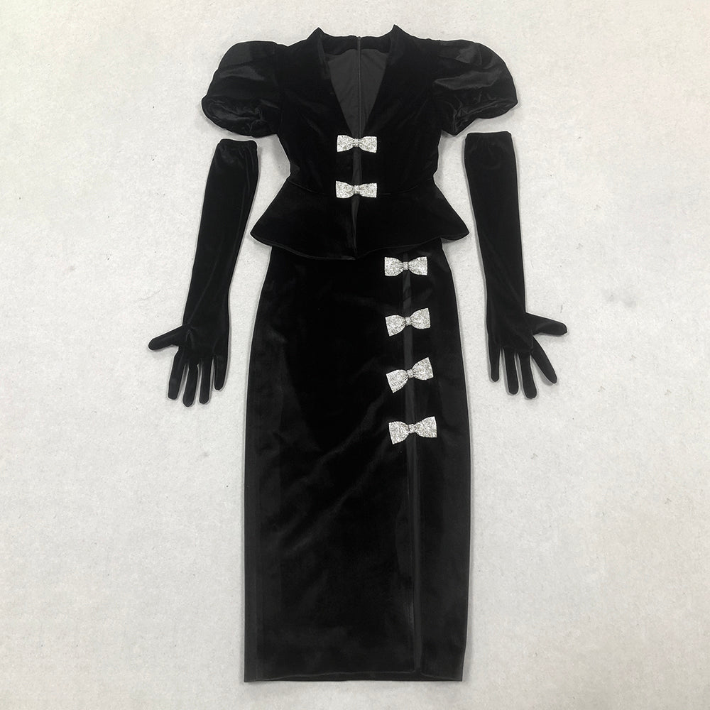 Short Sleeve Crystal Bow Midi Two Piece Velvet Dress Black HV2097