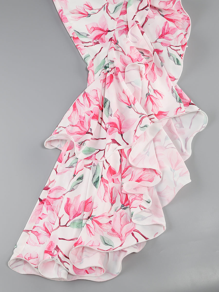 One Sleeve Floral Ruffle Maxi Dress Rose Pink HV1367