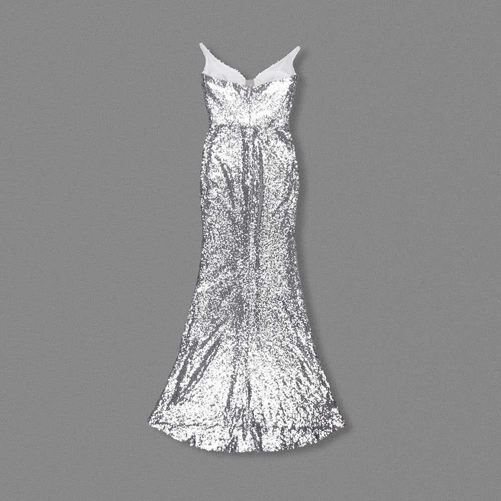 Strapless Crystal Sequin Maxi Dress Silver HV1886