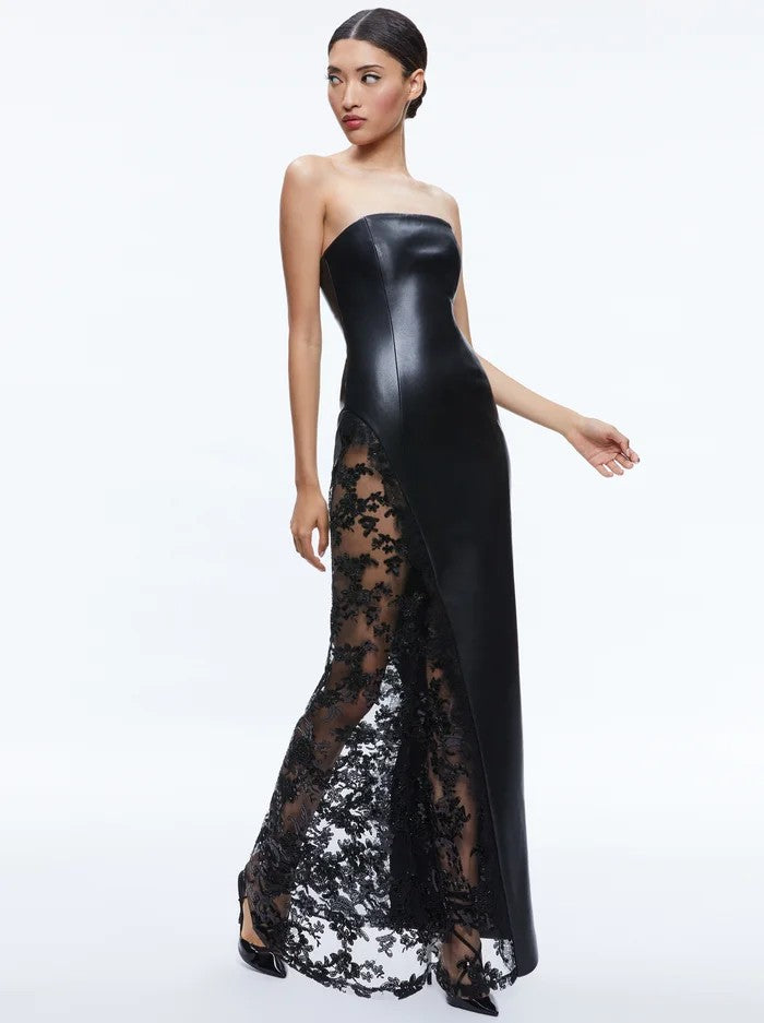Strapless Sequin Lace Maxi Faux Leather Dress Black