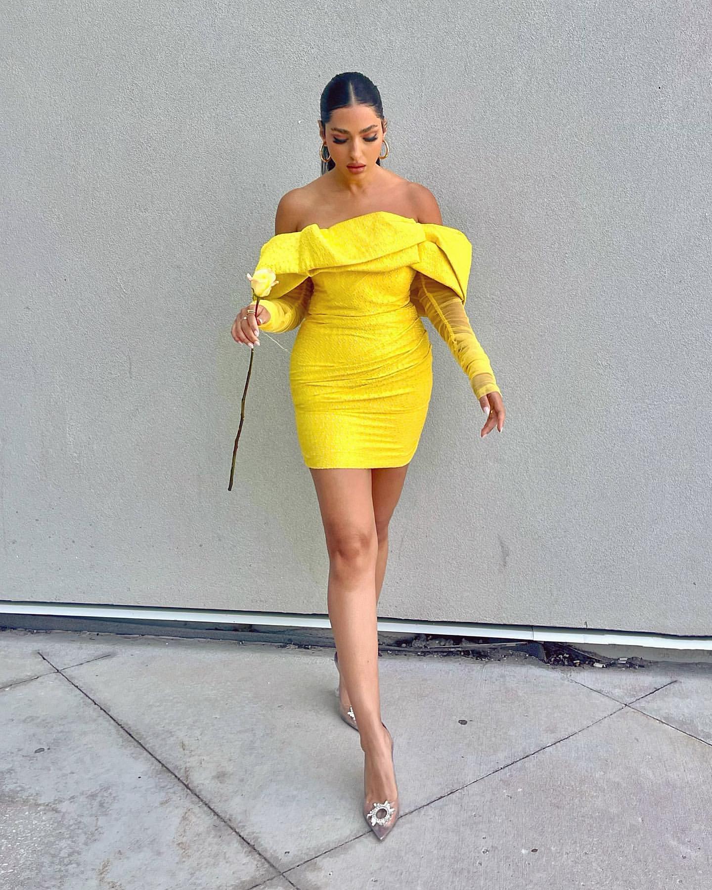 Long Sleeve Draped Off Shoulder Sparkly Dress Yellow HV9878