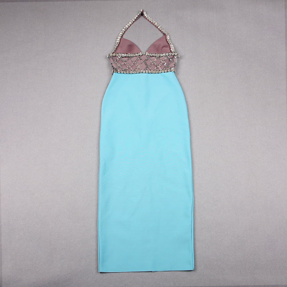 Halter Crystal Sequin Midi Dress Light Blue HV9505