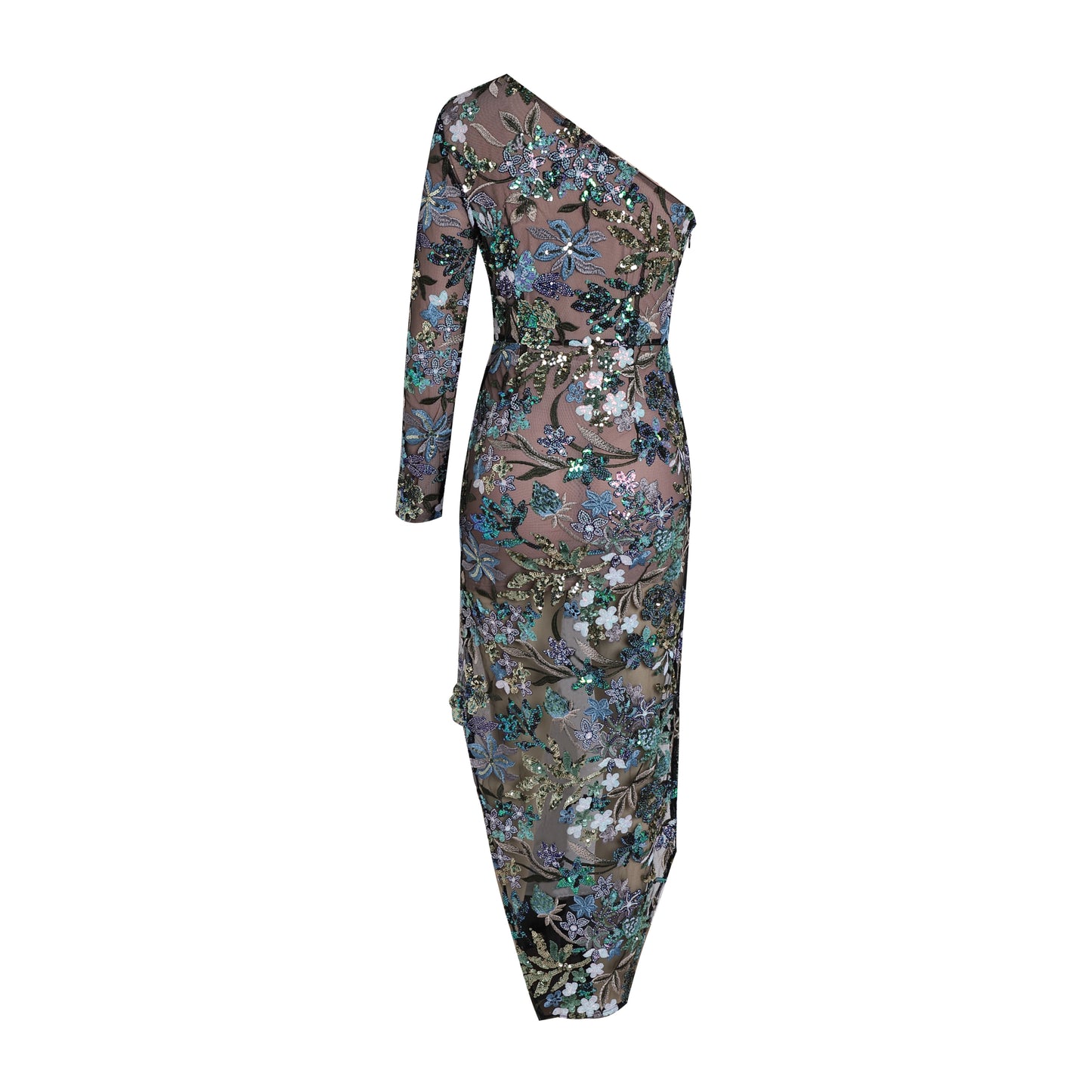 One Sleeve Sequin Floral Maxi Dress HV1608