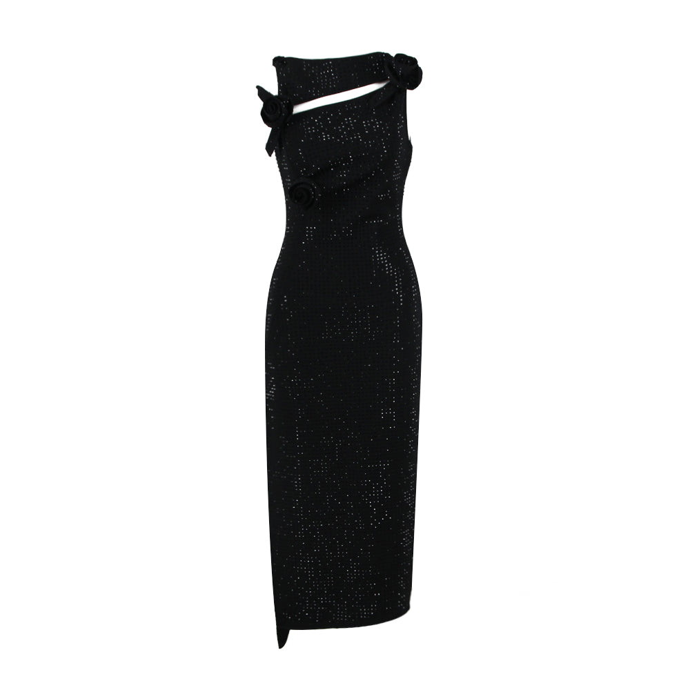 Flower Detail Sparkly Midi Dress Black HV7879