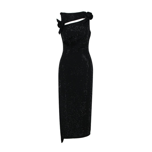 Flower Detail Sparkly Midi Dress Black HV7879