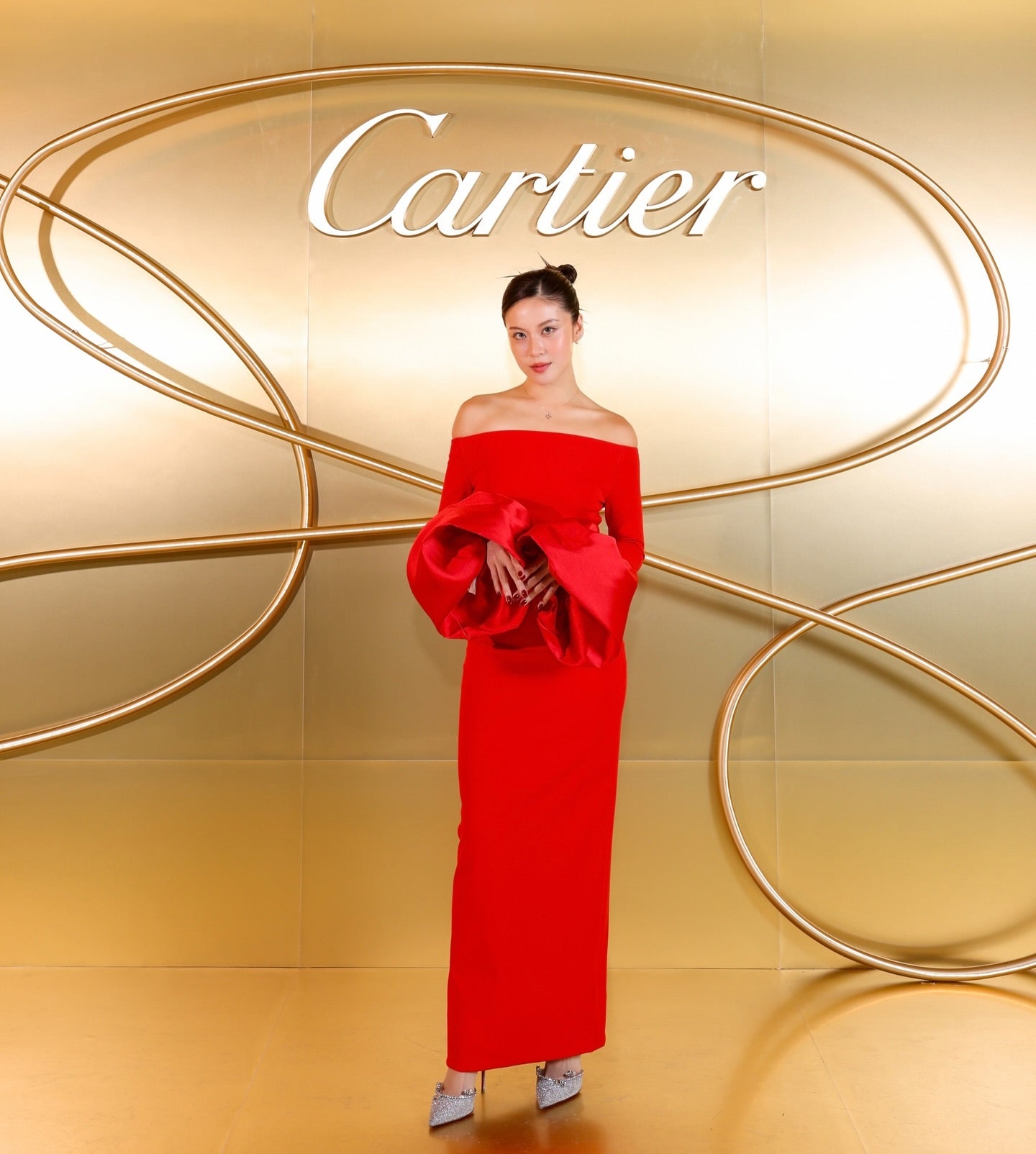 Long Sleeve Bardot Maxi Dress Red HV1855