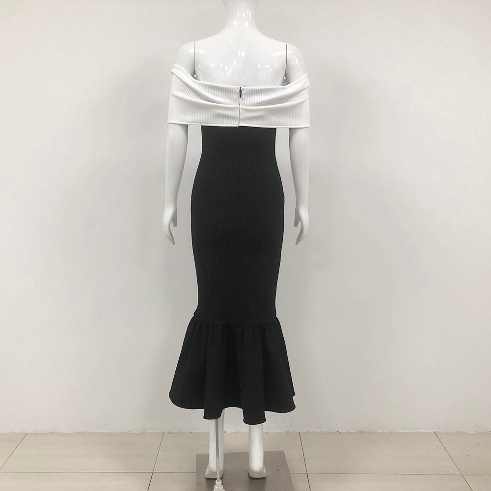 Bardot Ribbed Fluted Midi Dress Black White