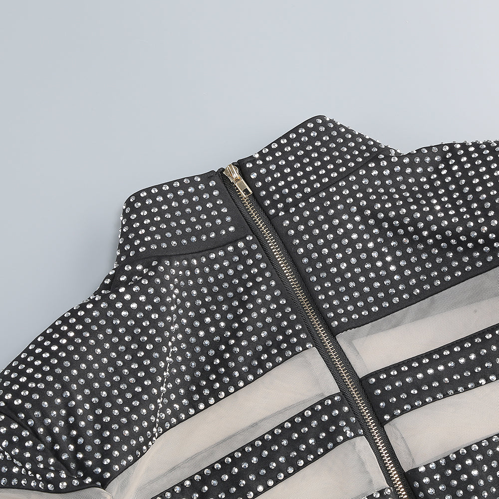 Long Sleeve Studded Mesh Two Piece Dress HV1939