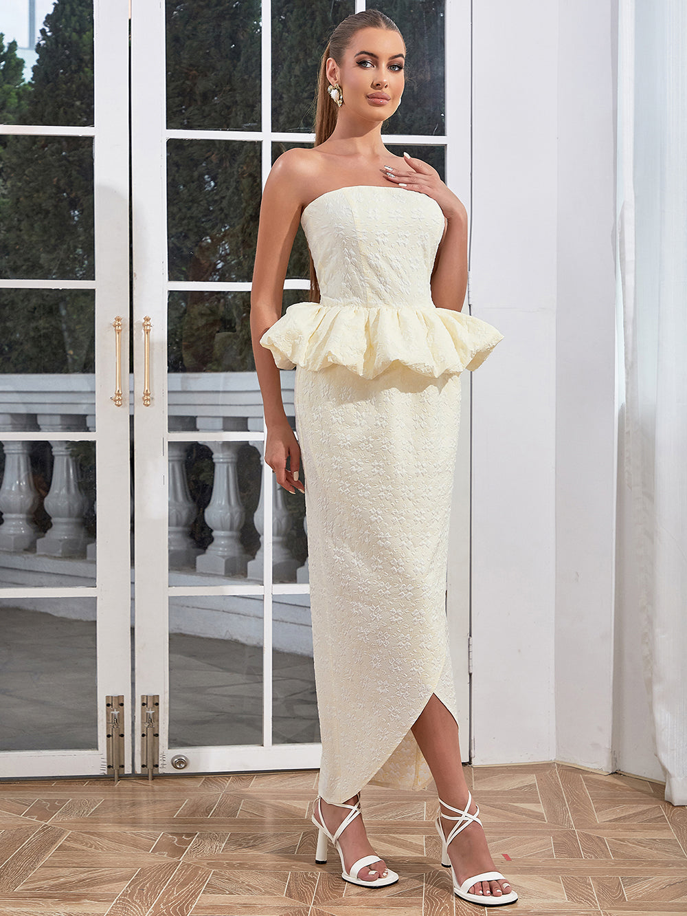 Strapless Floral Peplum Maxi Dress HV9835