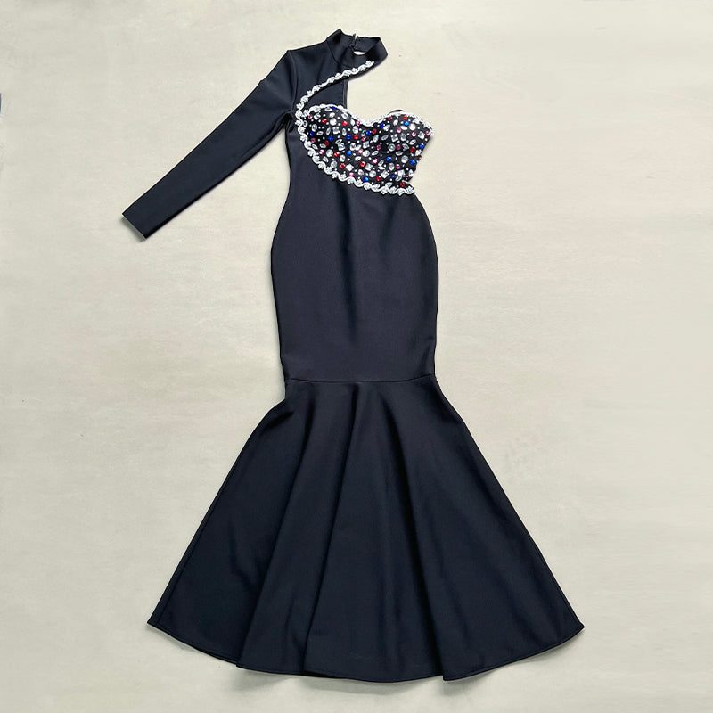 One Sleeve Embellished Mermaid Maxi Dress Black HV1208