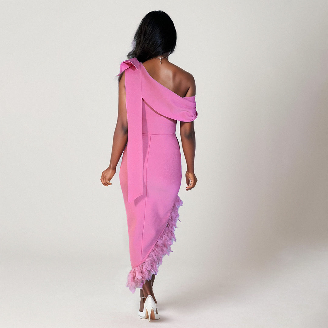 One Shoulder Feather Midi Dress Pink HV1563