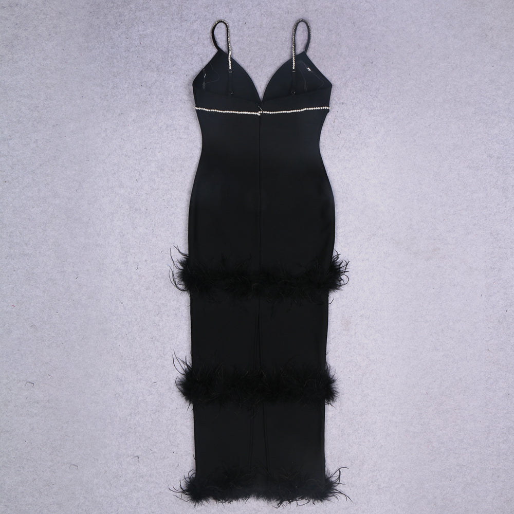 Crystal Trim Feather Detail Maxi Dress Black