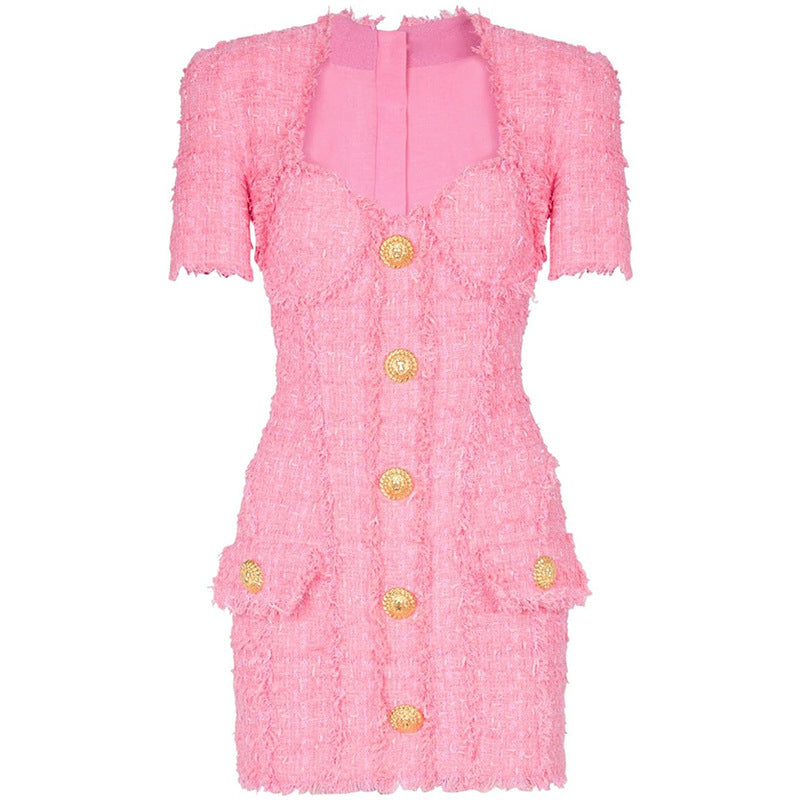 Short Sleeve Bustier Pocket Dress Hot Pink HV1575