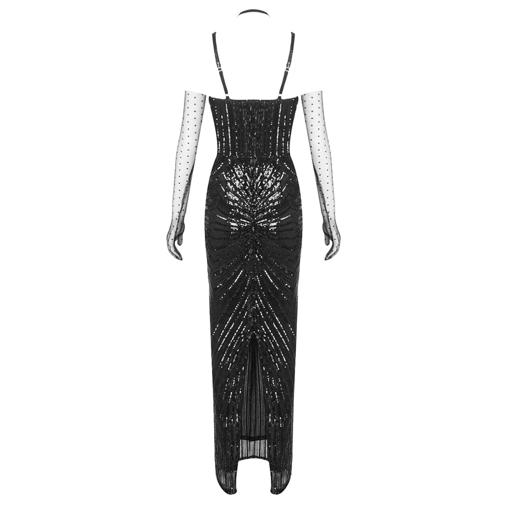Halter Sequin Maxi Dress Black Nude HV2152