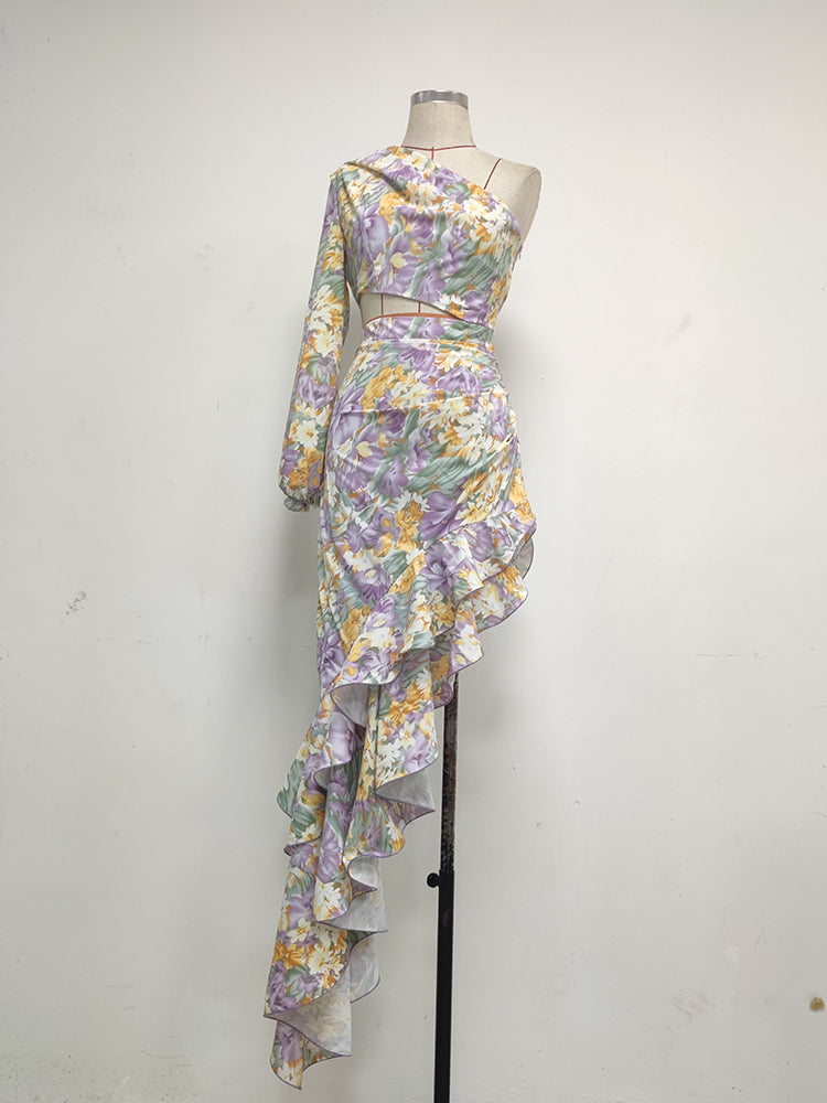 One Sleeve Floral Ruffle Maxi Dress Lavender HV8641