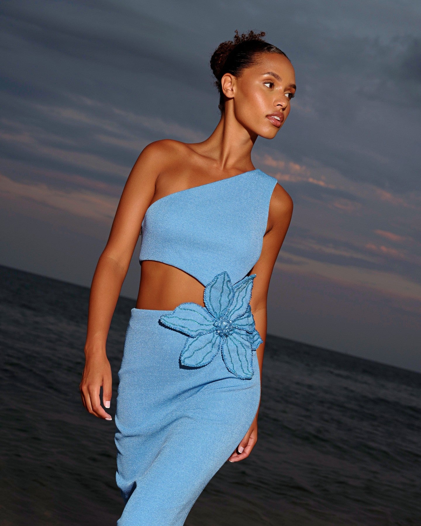 One Shoulder Pearl Flower Midi Dress Blue HV1188