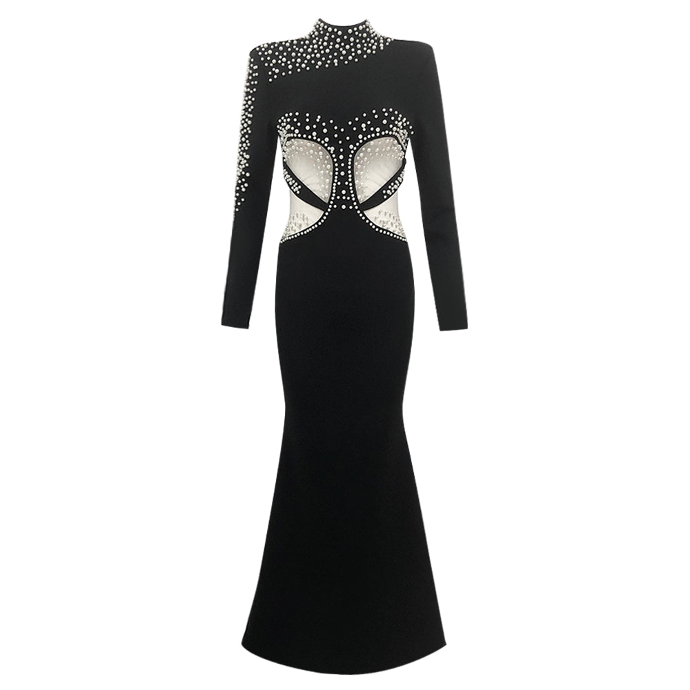 Long Sleeve Pearl Mesh Maxi Dress Black
