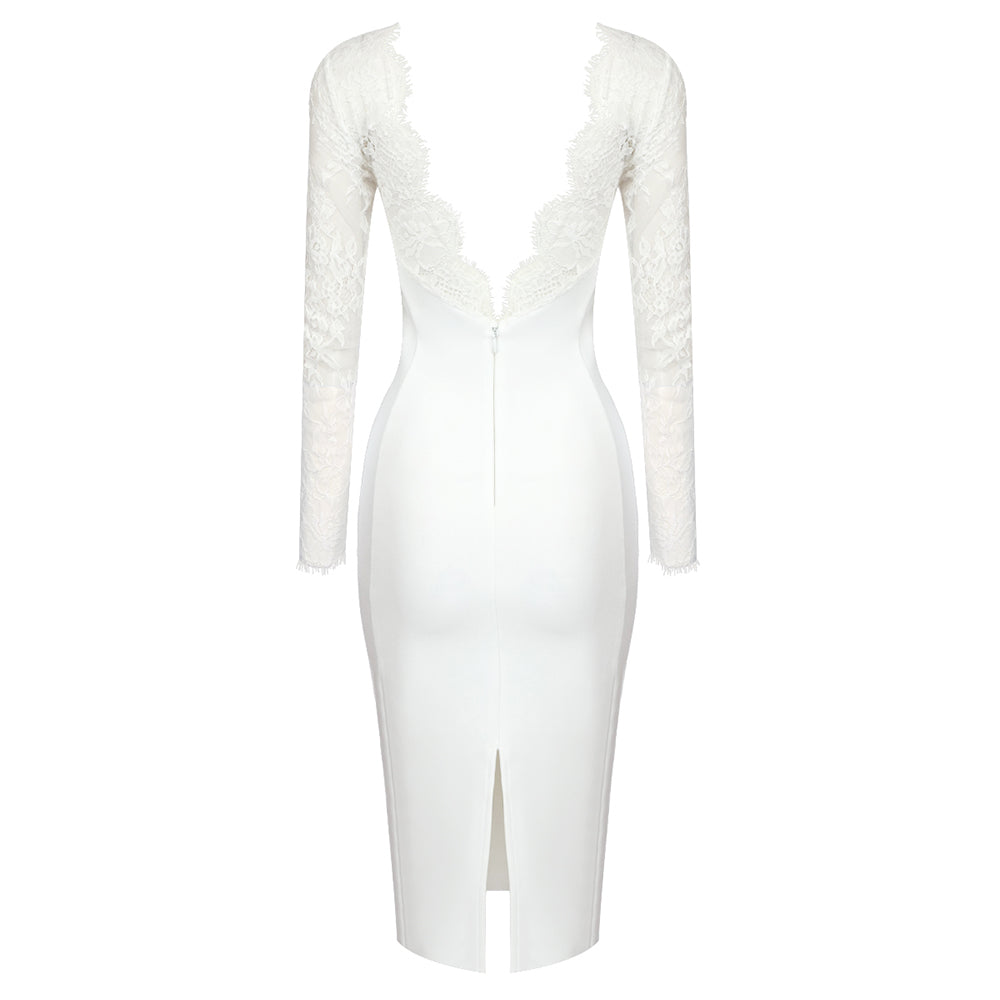 Lace Long Sleeve Bustier Midi Dress White HV9659