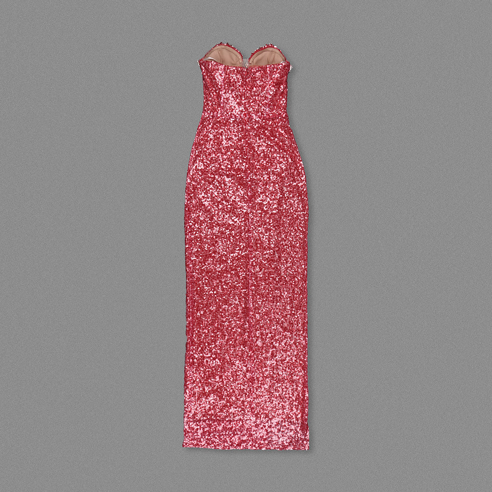 Strapless Crystal Sequin Maxi Dress Red HV1755
