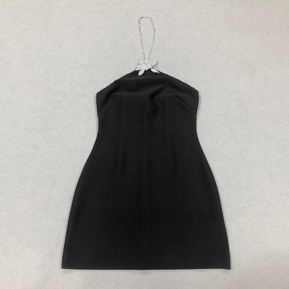 Halter Crystal Dress Black HV1493