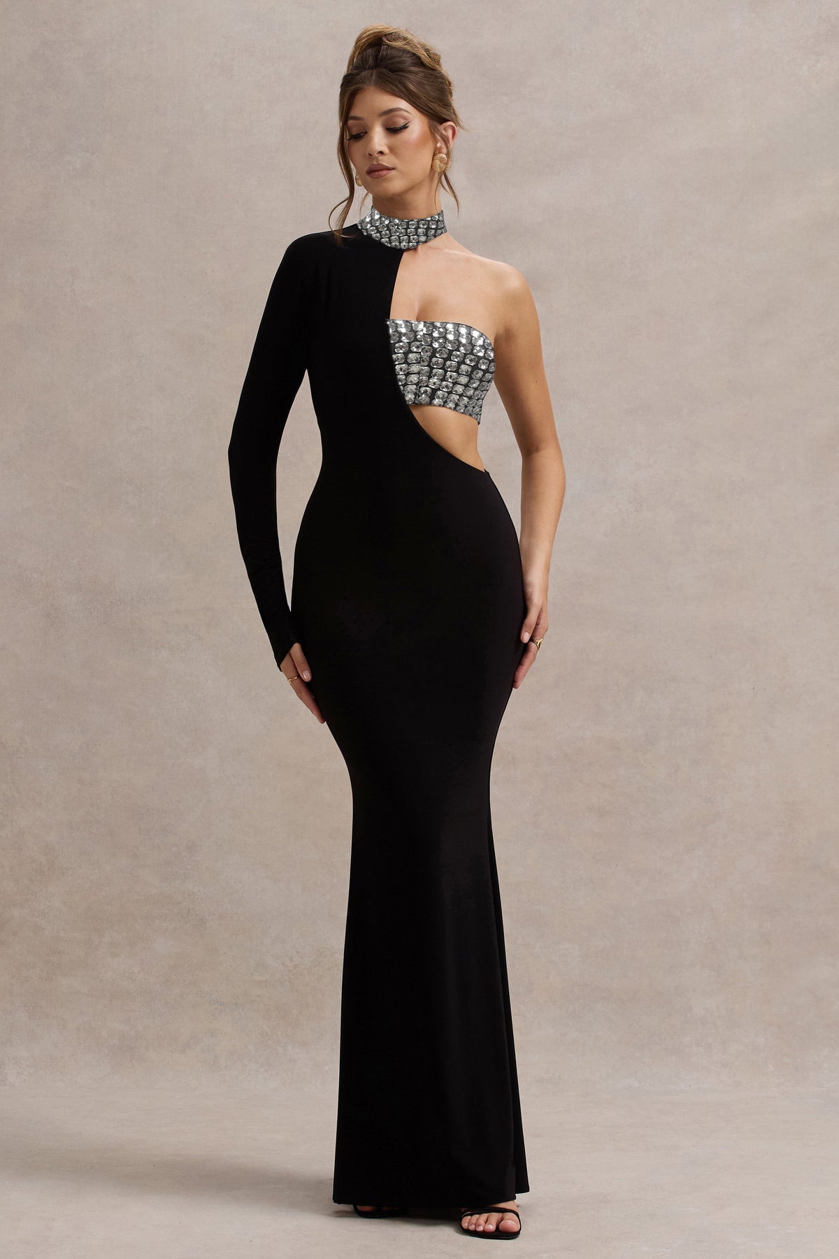 One Sleeve Crystal Detail Maxi Dress Black HV2098